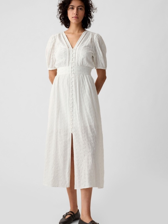 GAP Dresses & Skirts - Gap White Puff Sleeve Eyelet Midi Dress Button Front Broderie Size Medium (Q)